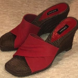 DKNY lovely red wedge sandals like new